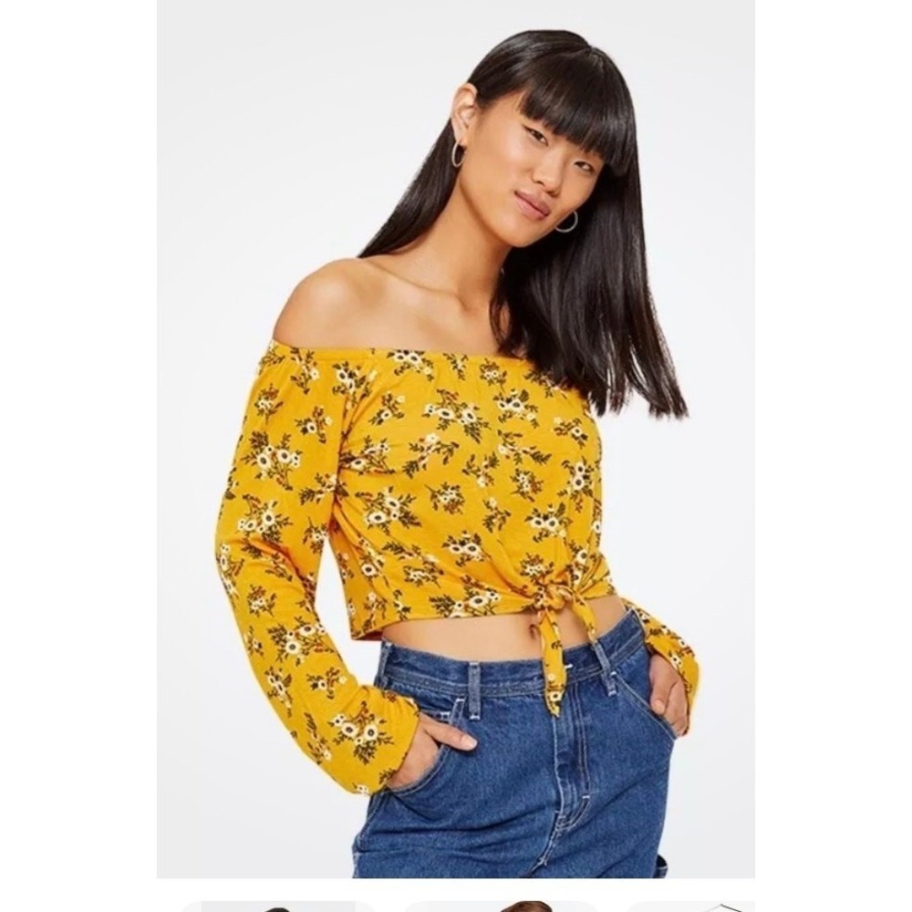 Ardene NEW - Yellow Floral Crop Off Shoulder Top- size Medium